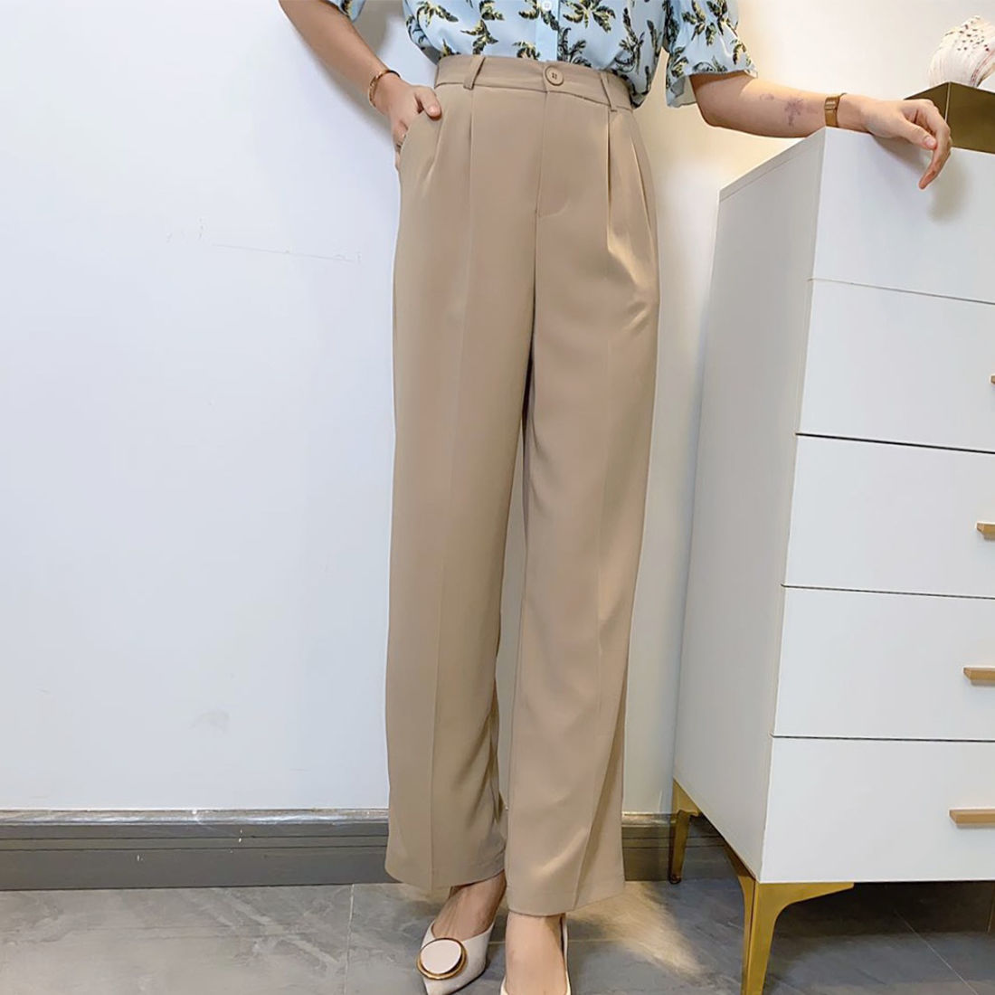 Women Summer Elegant Long Pants Vintage High Waist Wide Leg Casual Korean Loose Straight Trousers Bottoms 210517