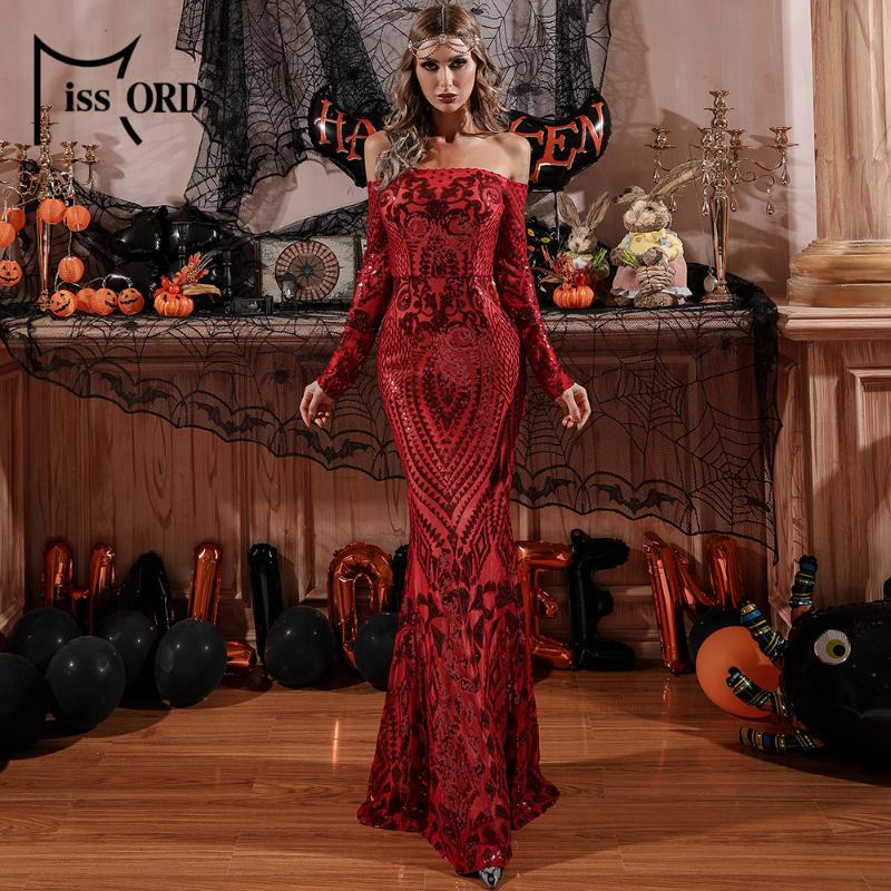 Missord Women Long Sleeve Sexy Off The Shoulder Evening Party Dress Vintage Red Christmas Sequin Maxi Dresses FT8249 Casual