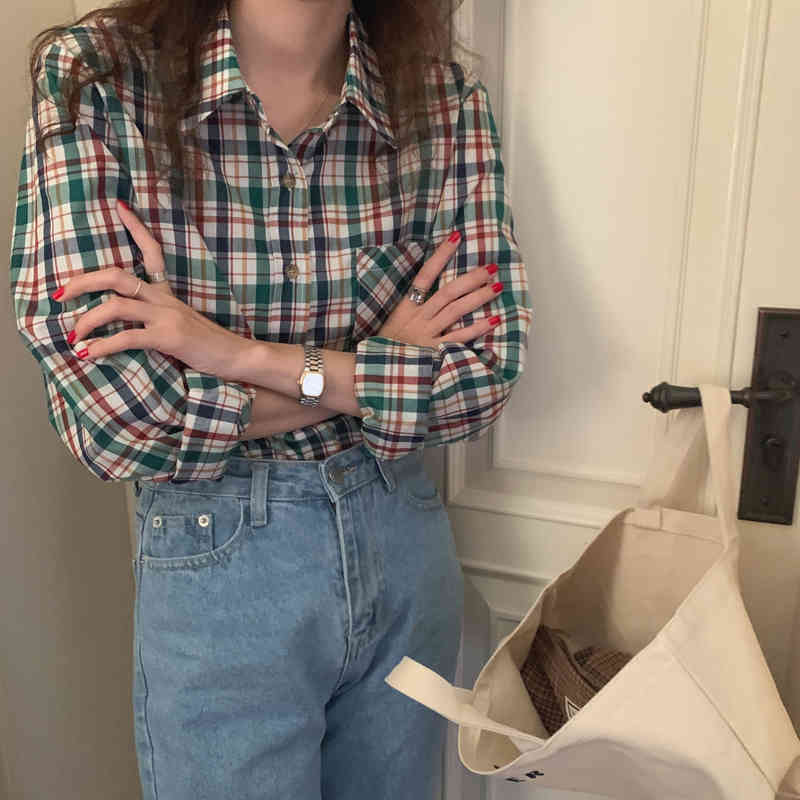 Vintage Gentle Basic Color-Hit Streetwear Basewear Retro Plaid Elegance Girls Loose Geometric Casual Shirts 210421