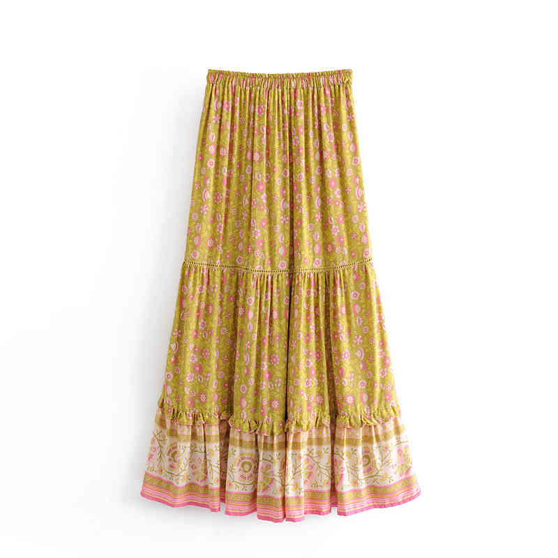 beauty Boho Vintage Floral Printed Long Skirt Women Holiday Female Loose Hollow Out Skirts Lady's Fashion Beachwear 210514