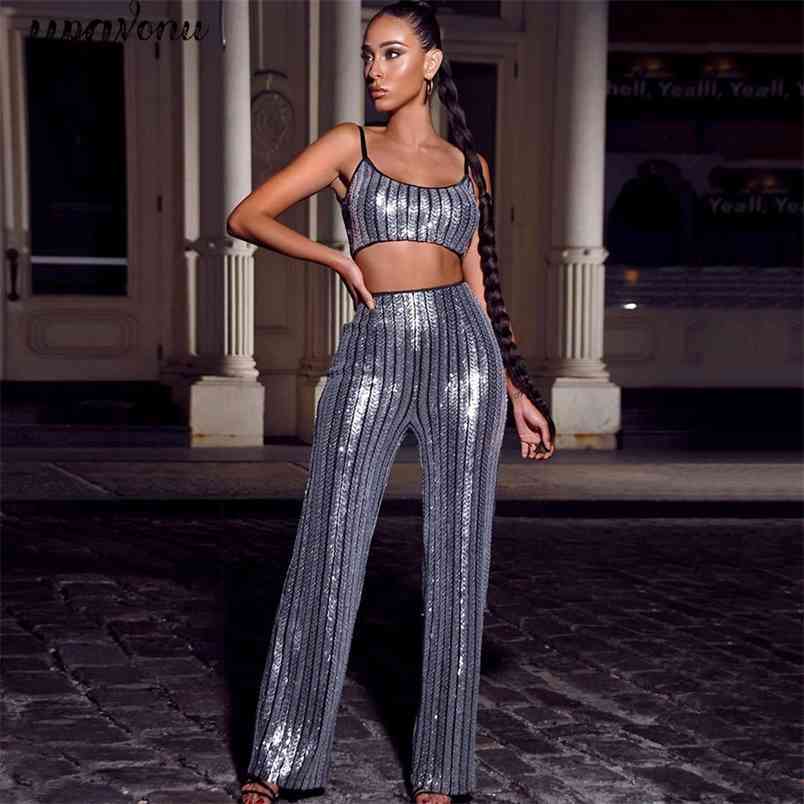 Free Fashion Women's Suit Sequined Spaghetti Strap Sleeveless Short Tank Top & Pants 2 Two Piece Set 210524
