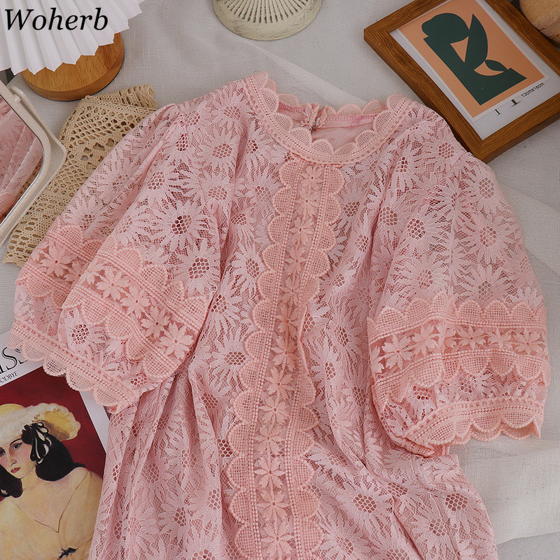 Chic Embroidery Lace Blouse Women Tops Summer Vintage Lantern Sleeve Causal Solid Shirt Korean Elegant Blusas 210519