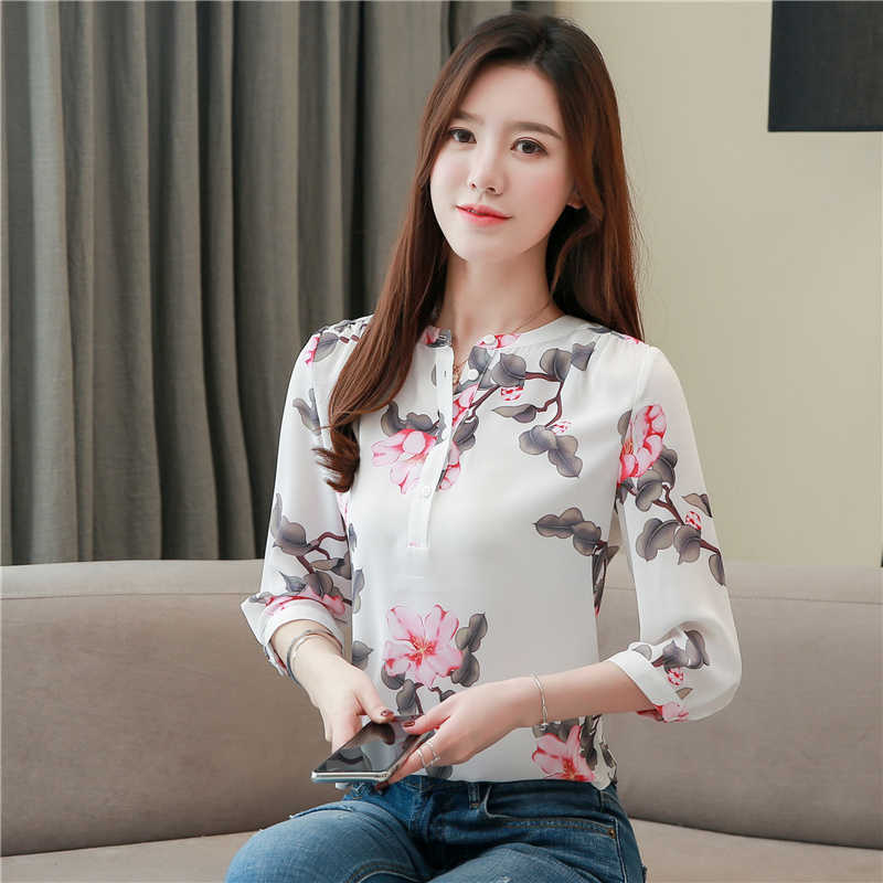 Korean Chiffon Women Blouse Shirts Office Lady Print Shirt Tops Plus Size Woman Floral Blusas Femininas Elegante 210531