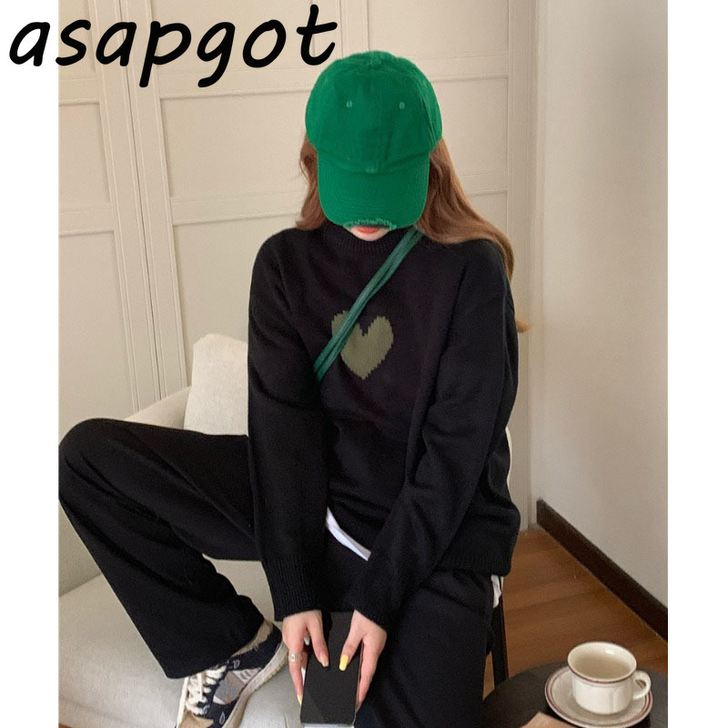 Black Bow Pullovers Knitted Sweater Women Casual Vintage O Neck Long Sleeve Loose Mid-length Print Love Heart Knitwear Tops Pull 210429