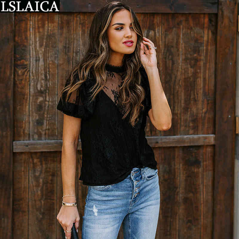 Womens Tops O-Neck Solid Lace Patchwork Causal Femmes Blouses Office Elegant Casual Shirts For Women Chemisier Femme 210520