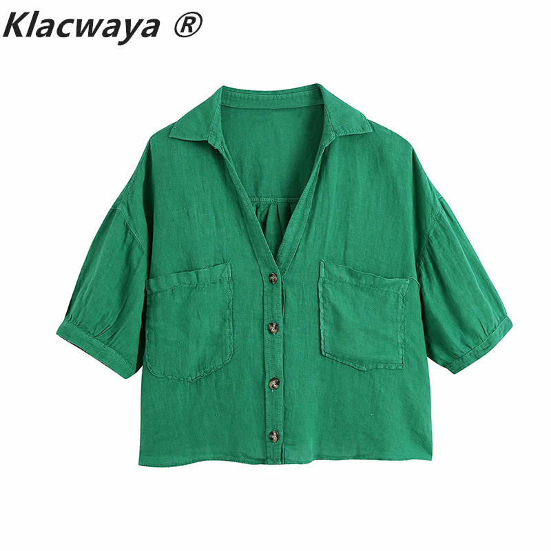 Women Fashion Candy Color Double Pockets Loose Linen Smock Blouse Lady Buttons Short Shirt Chic Kimono Blusas Tops 210521