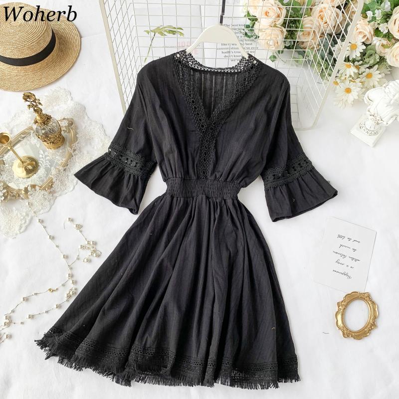 Woman Chic Dress Summer Vintage Hollow Out Tassel Dresses Elegant V-neck High Waist Short Sleeve Mini Boho Vestido 210519
