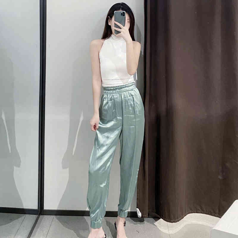 Women Fashion Solid Satin Joggers Pants High Elastic Waist Long Sweatpants Trousers Female Casual Pencil Bottoms 210515