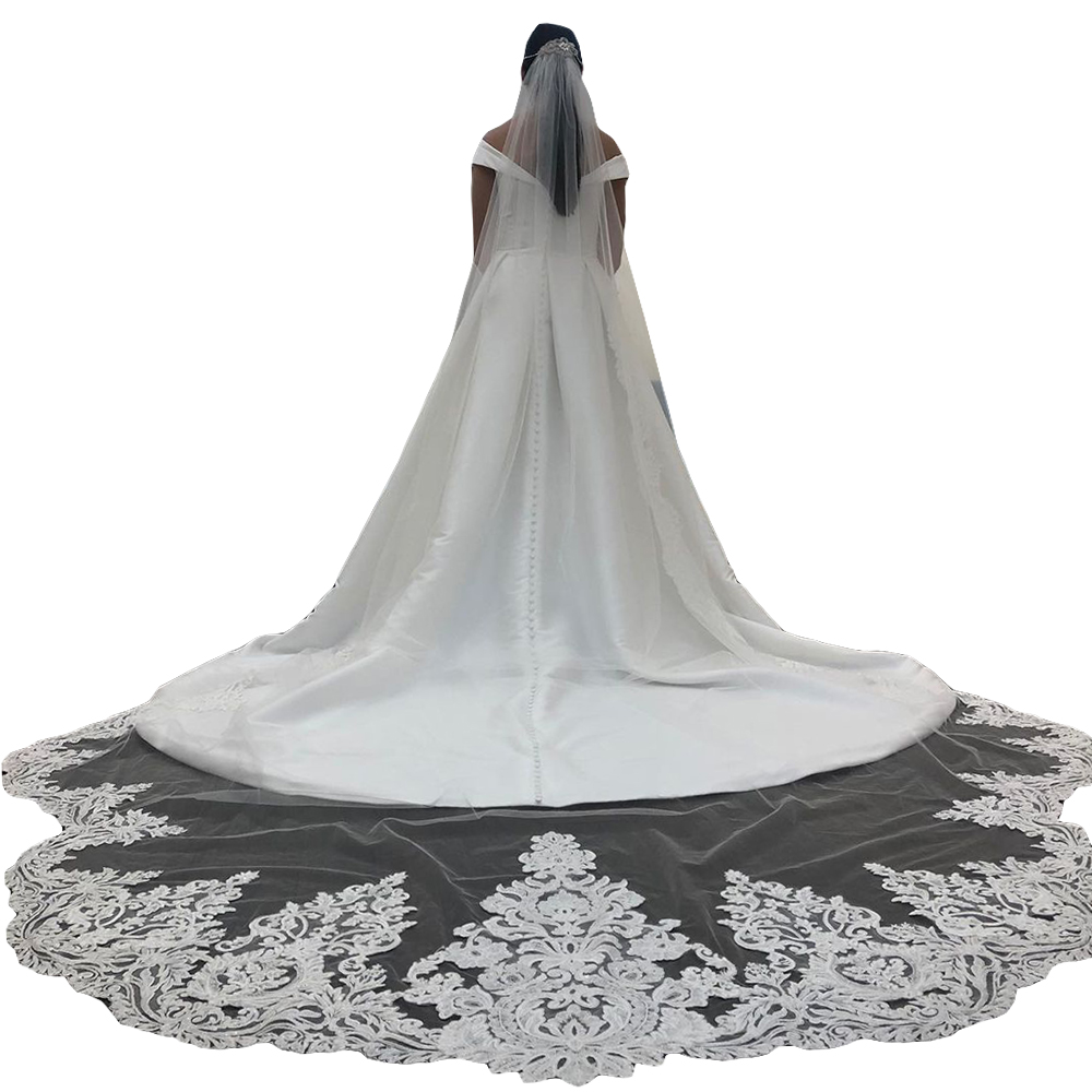 European&American Bride Veil Long Lace Embroidery Mesh With Comb Yarn Tail Simple Retro Wedding Photo