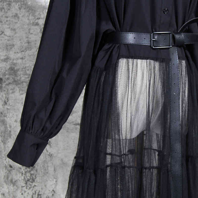 Elegant White Dress For Women Stand Collar Lantern Long Sleeve High Waist Sashes Mesh Spring Dresses Female Fashion 210520