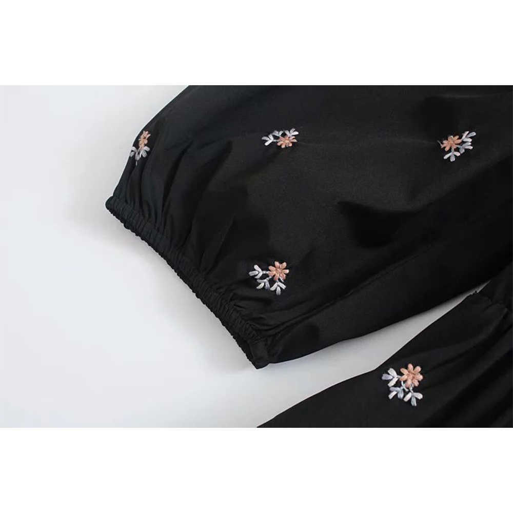 Women Dress Floral Embroidery Square Neckline Midi dress Puff Sleeves elegant Vintage Casual Woman Dresses 210709