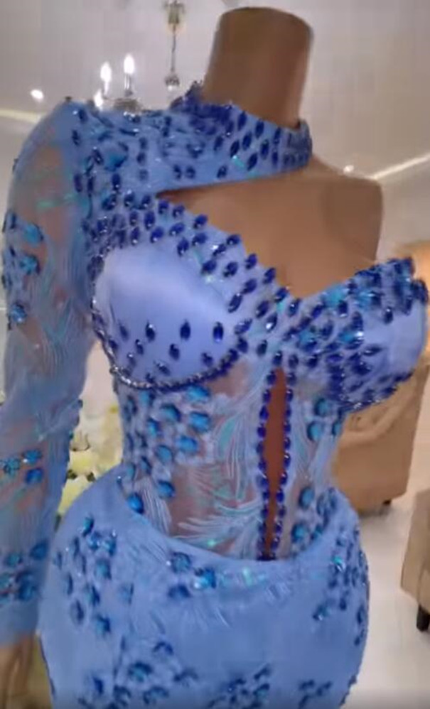 Arabic Size Plus Aso Ebi Blue Urious Mermaid Prom Dresses Lace Beaded Crystals Evening Formal Party Second Reception Gowns Dress ZJ