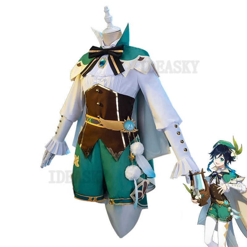 Venti Genshin Impact Cosplay Anime Wig Women Halloween Costume Outfit Harp Prop Y0913