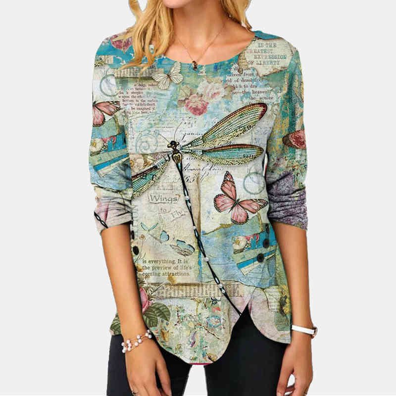 New Fashion Dragonfly Flower Print T-shirt Women Shirts Long Sleeve Ladies Loose Tops Woman Shirt Casual Loose Pullover 210406