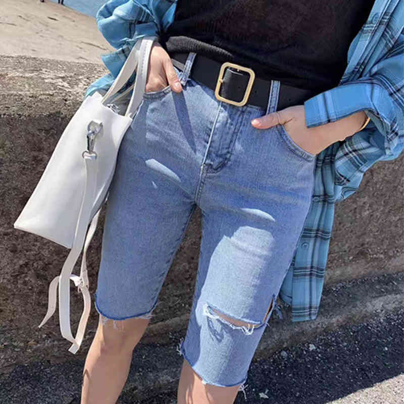 Summer Blue Denim Shorts Streetwear Elastic Jeans Women Ripped for Skinny Lady Knee Length Pants Spodenki 10420 210508