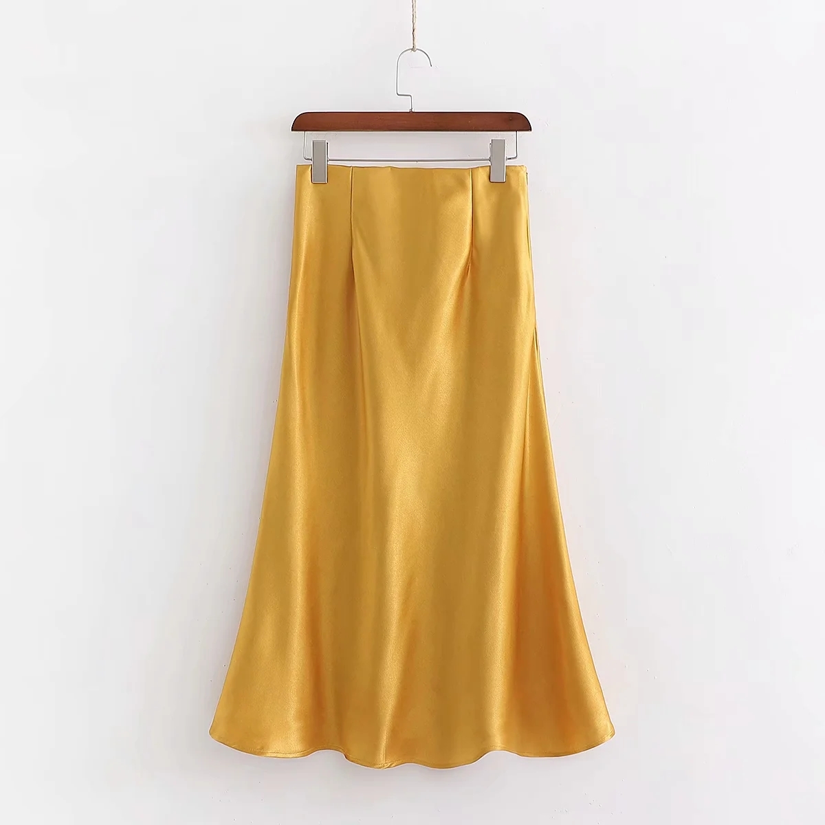 elegant silk high waist satin skirts women causal office midi vintage silver yellow A-Line 210521