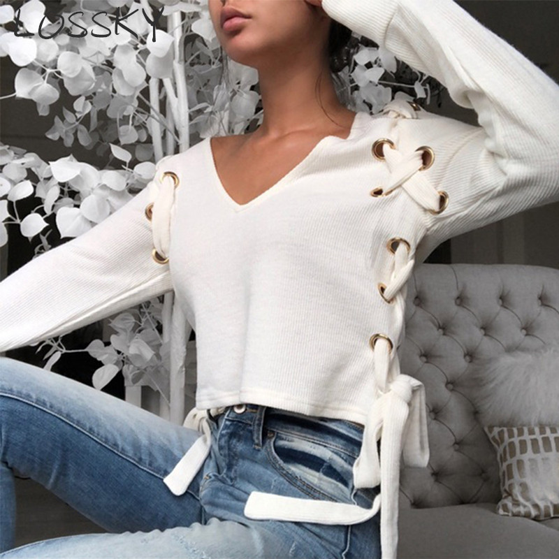 Criss Cross Bandage Bow Tie V Neck Crop Top Women's Autumn Winter Knitted Long Sleeve White Sexy T-shirt T shirt Tee 210507