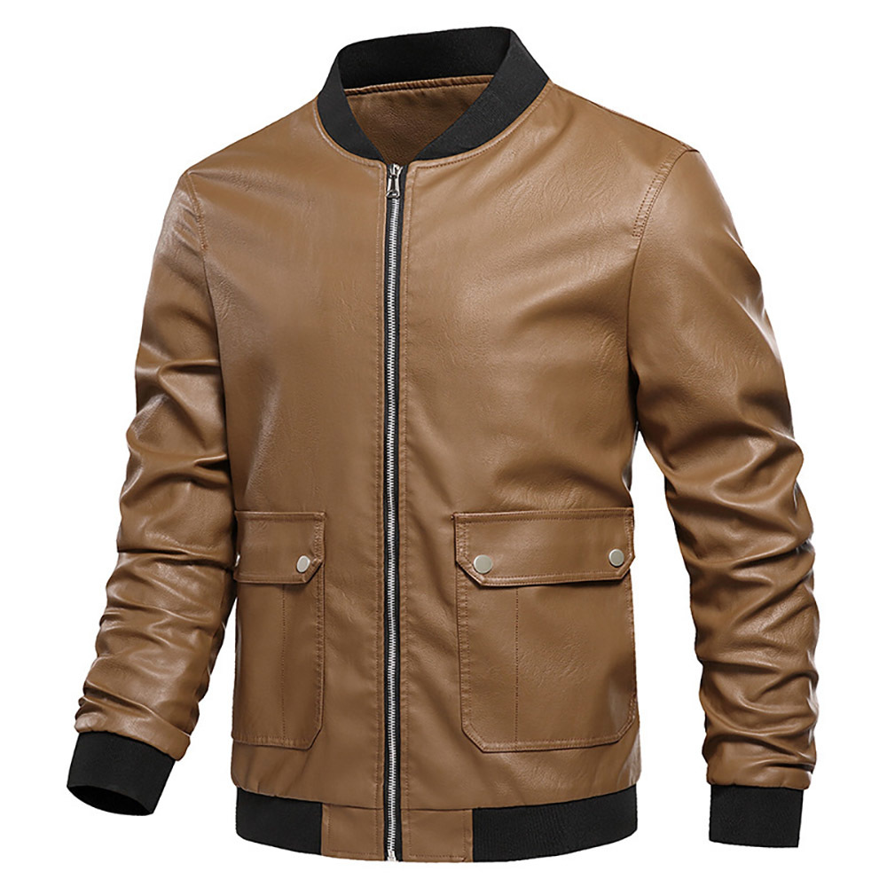 Men Pu Leather Jackets Coat Stand Collar Zipper Autumn Winter Bomber Jacket Male Outerwear Biker Jacket B0755 210518