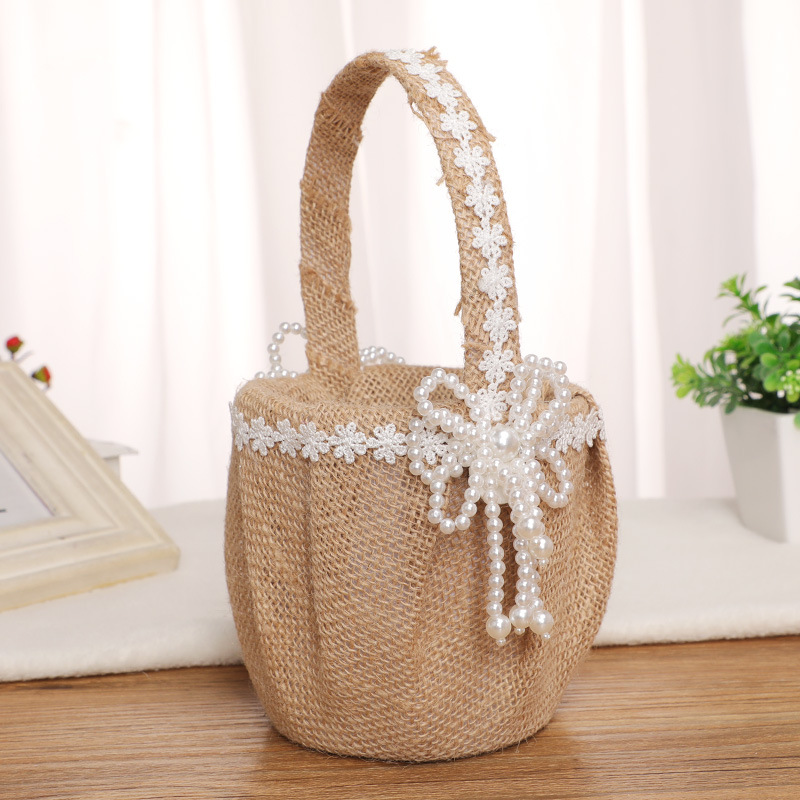 Linen Wedding Flower Basket Ring Pillow Set with Satin Rose Pearl Elegant Bride Girl Baskets H-5713 Party Supplies