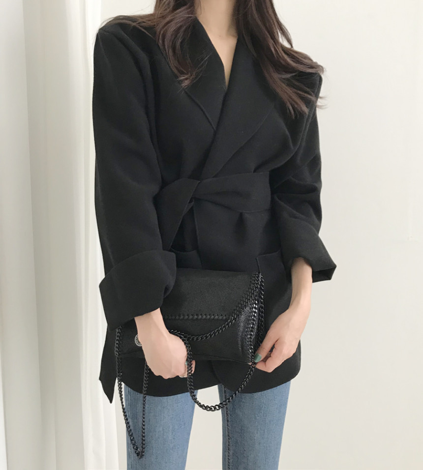 OL Notched Solid Chic Lace-up Woolen Blazer Coat Female Autumn Winter Elegant Formal Women Blazers Suit Jacket 210421