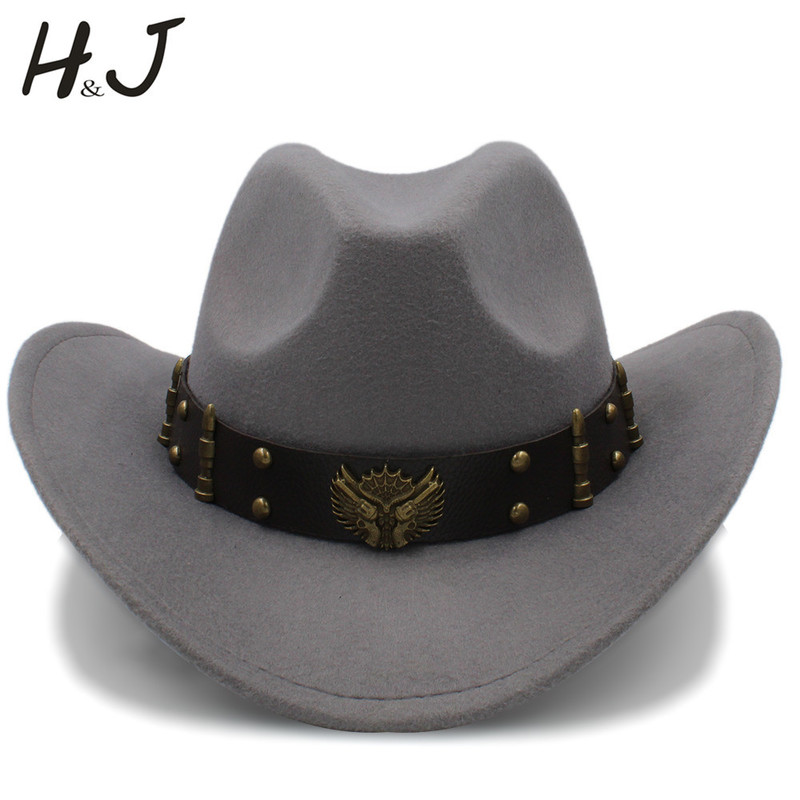Wome Men Black Wool Chapeu Western Cowboy Hat Gentleman Jazz Sombrero Hombre Cap Dad Cowgirl Hats Size 56-58cm 220302