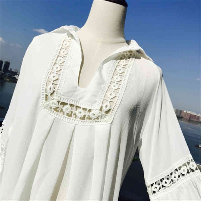 Bikini Cover-ups Sexy Hollow Out Turn Down Collar Long Sleeve Beach Dress For Women Summer Wear Swim Suit Cover Up Q86 210420