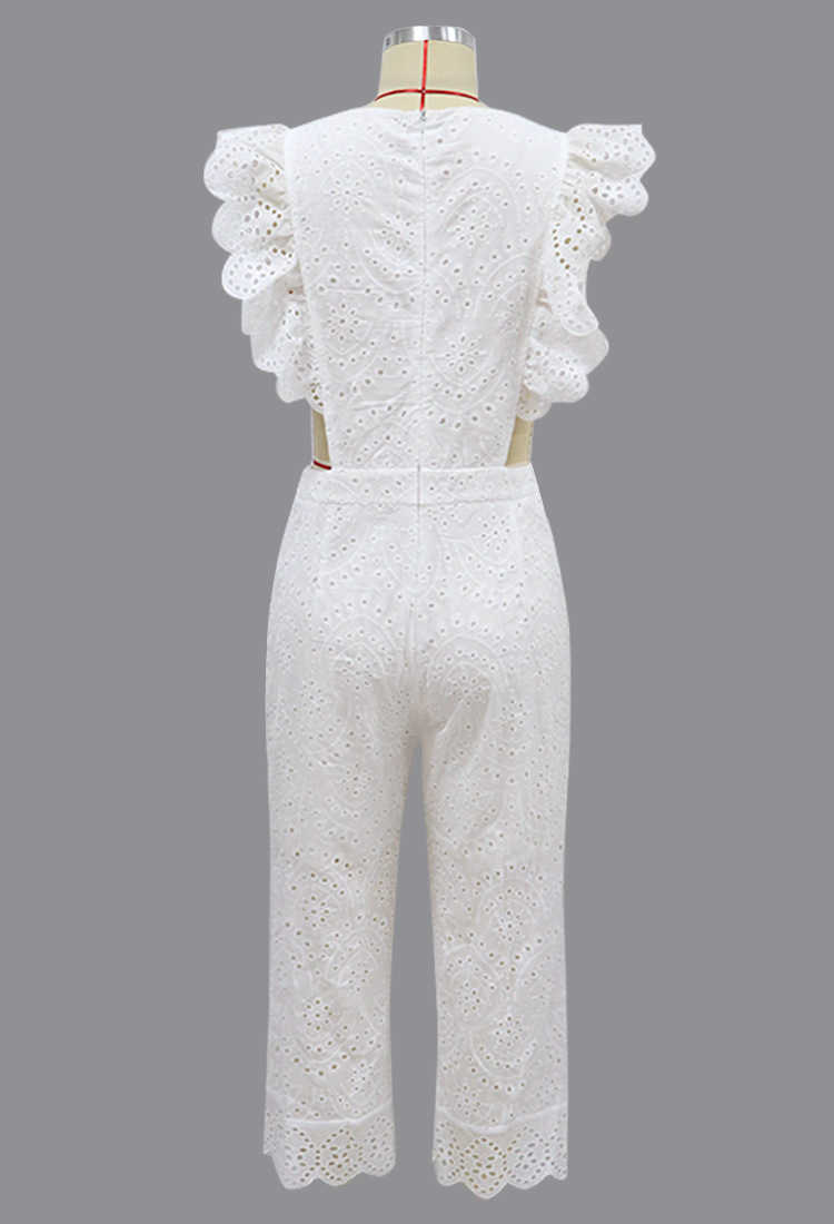 Women Jumpsuit Ruffles Hollow Out Vintage White Rompers Womens Plus Size Sexy Sleeveless Party 210524