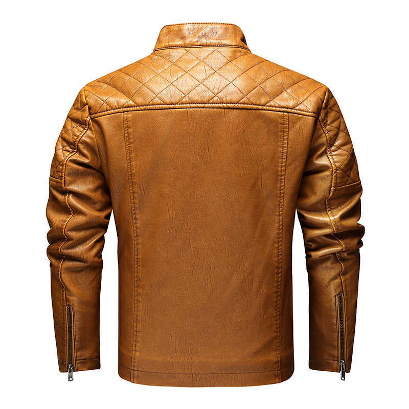 Autumn/Winter Fleece Motorcycle Leather Jacket Full Zip Faux-Leather Men's Coat Brown Vintage Plus Size Slim Mens Wear Jacket 211018