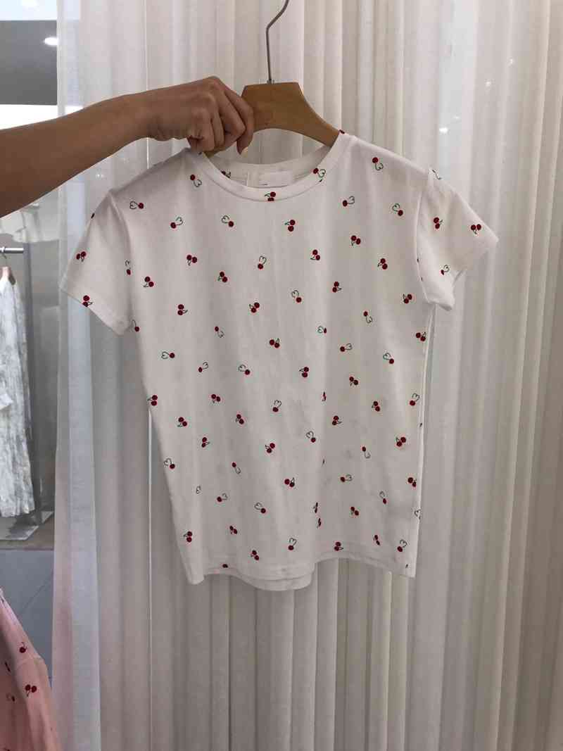 Summer Sweet Cotton Pink O Neck Short Sleeve Cherry Print Tshirts Women Wild Tops & Tees Clothes Fashion Chic Basic Simple 210429