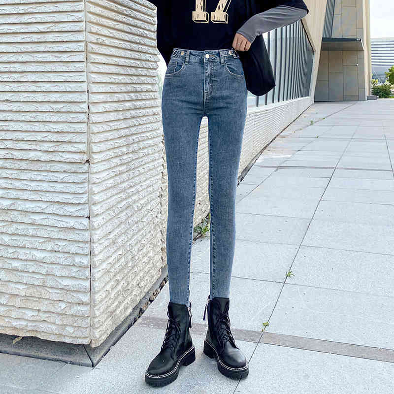 Autumn Allmatch Clothes with Gray Blue High Waist Jeans Skinny Woman Streetwear Denim Trousers Vintage 10732 210518