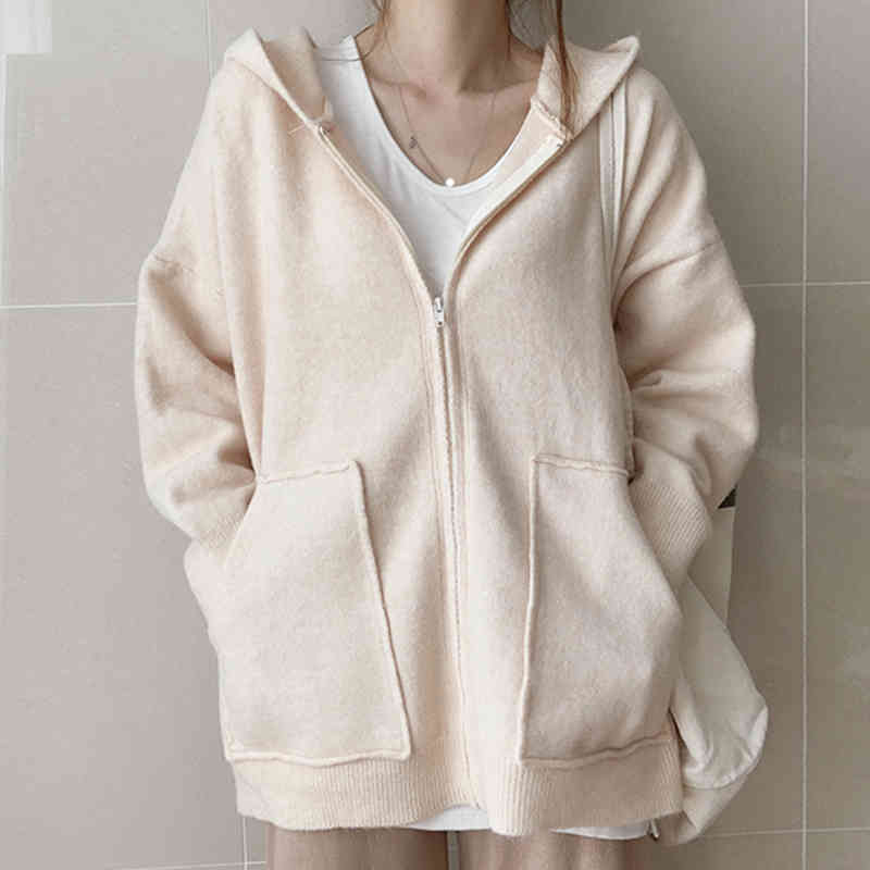 Nomikuma Causal Double Pockets Knitted Cardigan Autumn Winter Women Sweater Coat Long Sleve Zipper Hooded Knitwear 6C364 210427