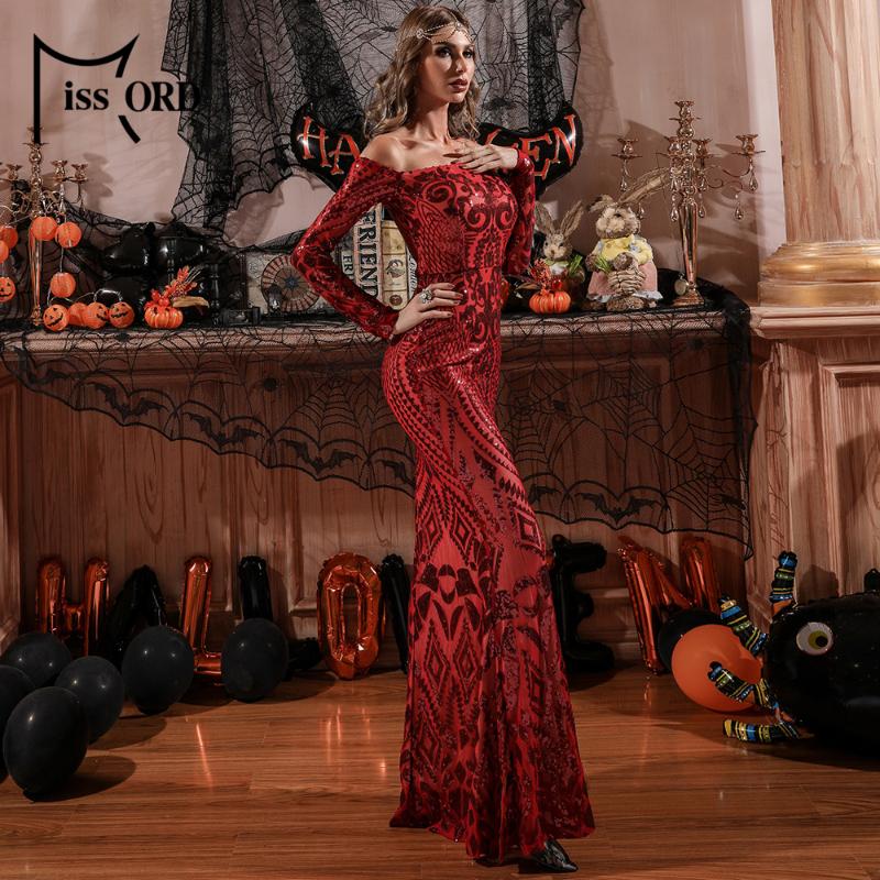 Missord Women Long Sleeve Sexy Off The Shoulder Evening Party Dress Vintage Red Christmas Sequin Maxi Dresses FT8249 Casual
