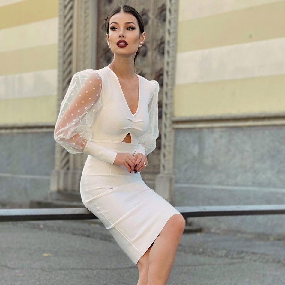 Free Women Elegant Bandage Dress Sexy V-neck Mesh Puff Sleeve Hollow Bodycon Midi Club Party Dresses Vestidos 210524