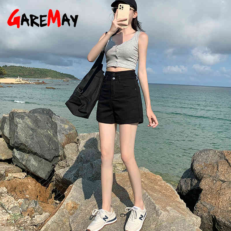 White Denim Shorts with High Waist Classic Casual Black Summer Vintage Women's Plus Size for Women 210428