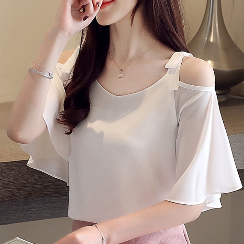 Blusas Mujer De Moda Ladies Tops For Off Shoulder Top Women White Chiffon Blouse Shirts Short 4386 50 210415