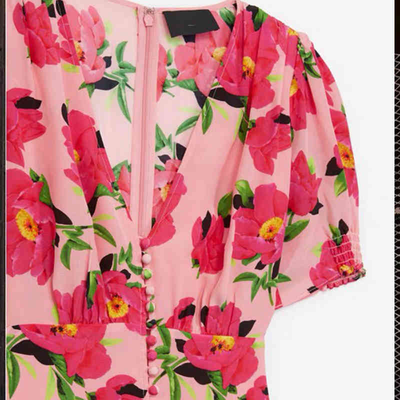 Bohemian Flowery Beach Style Dress Women V neck Button Decorative Floral Print Boho Casual Slip Fashion 210421