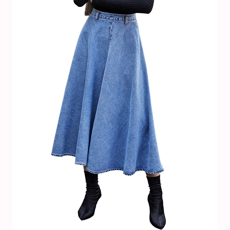 Autumn Women's fashion waist Cotton large swing denim loose skirt woman winter long Denim casual vintage s Female 210508