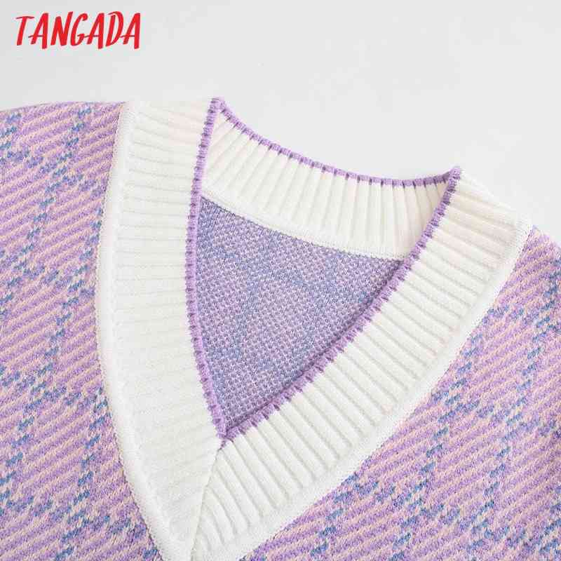 Women Vintage Plaid Oversized Knitted Vest V Neck Sweater Sleeveless Female Waistcoat Tops BE404 210416