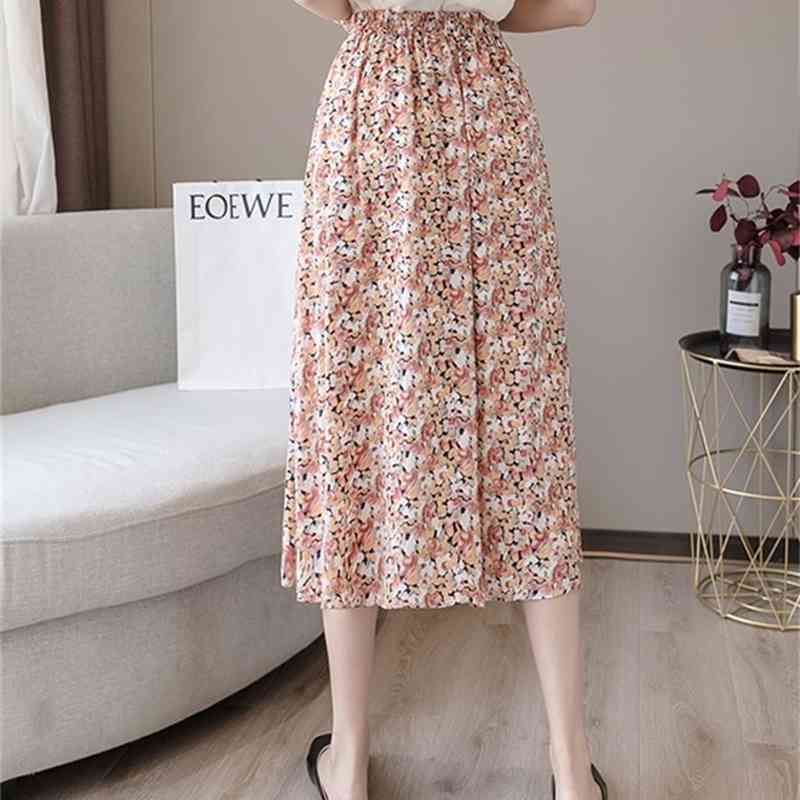 Summer Elegant Floral Printed Midi Skirts High Waist Bohemian Female Casual A-Line 210519