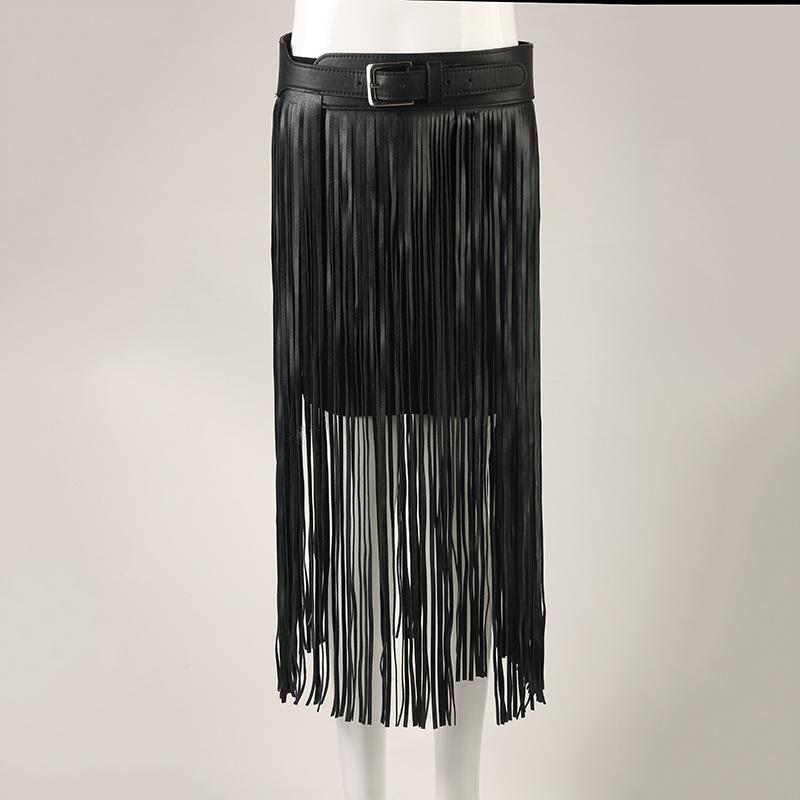 Belts Long Tassel Fringe Black Faux Pu Leather Lady Belt High Waist Tide Punk Boho Female Hippie Bl76