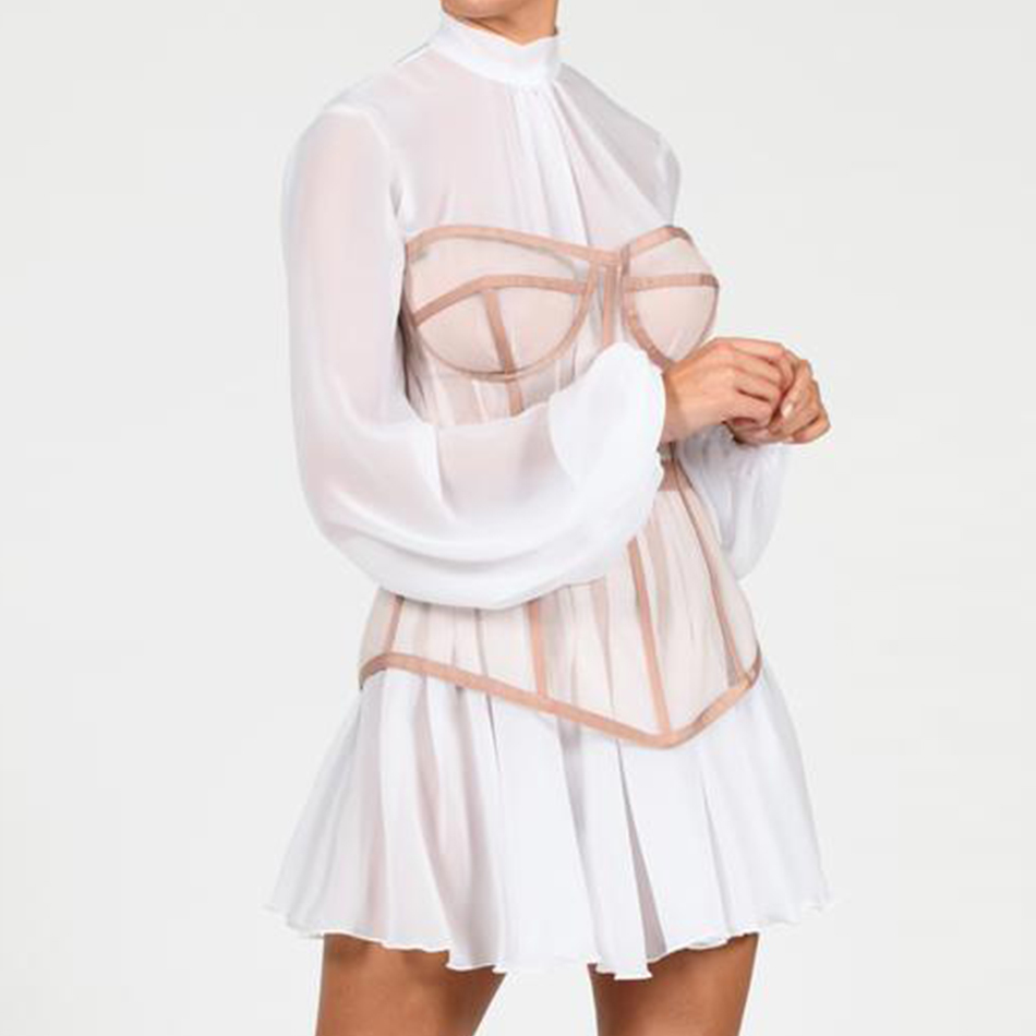 Summer Women White Lace Mini Dress Sexy Striped Long Lantern Sleeve Fashion Celebrity Evening Club Party Lady Dresses 210423