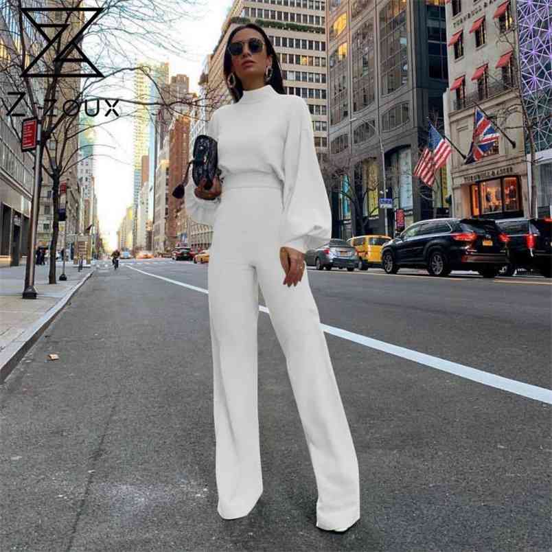 Women Jumpsuit Stand Collar Lantern Sleeve Rompers Womens Simple Temperament High Waist Long White 210513