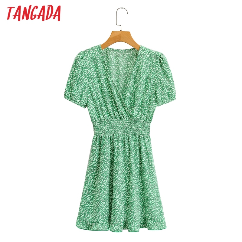 Summer Women Green Leaf Chiffon V Neck Short Sleeve Ladies Mini Dress Vestidos 1F103 210416