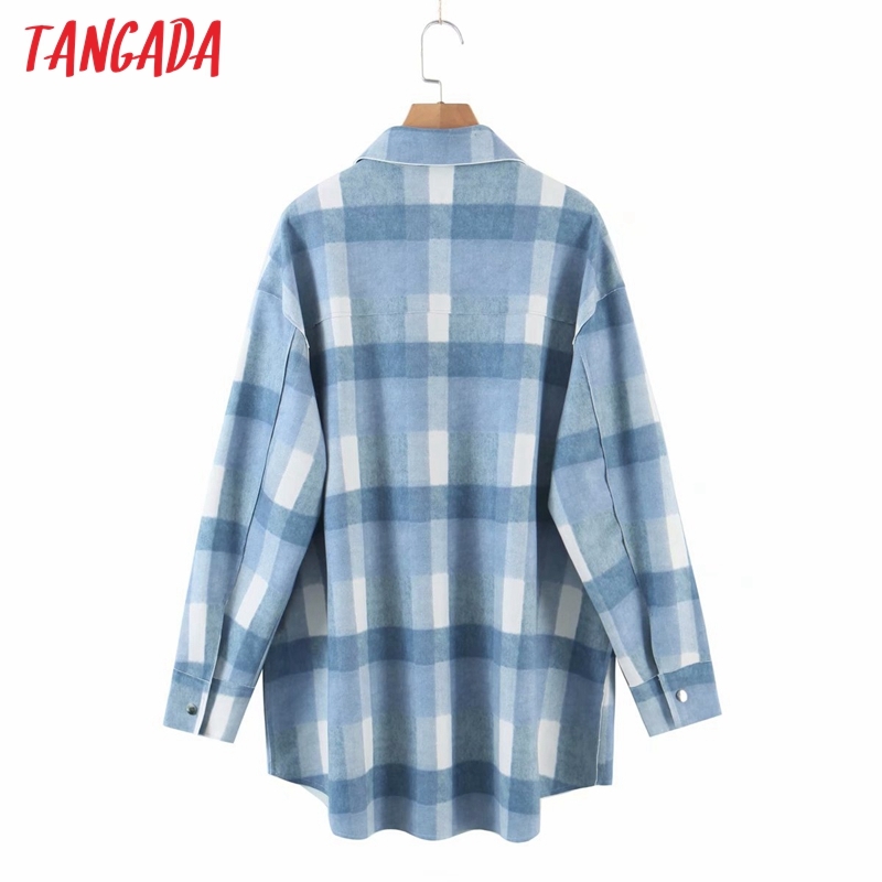 Women Blue Plaid Coats Jacket Loose Long Sleeves Pocket Ladies Elegant Coat QD07 210416