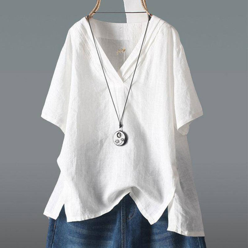 Summer Women Tshirt Plus Size Short Sleeve Casual Loose V-neck Tee Shirt Femme Irregularity Vintage Cotton Linen Tops D9 210512