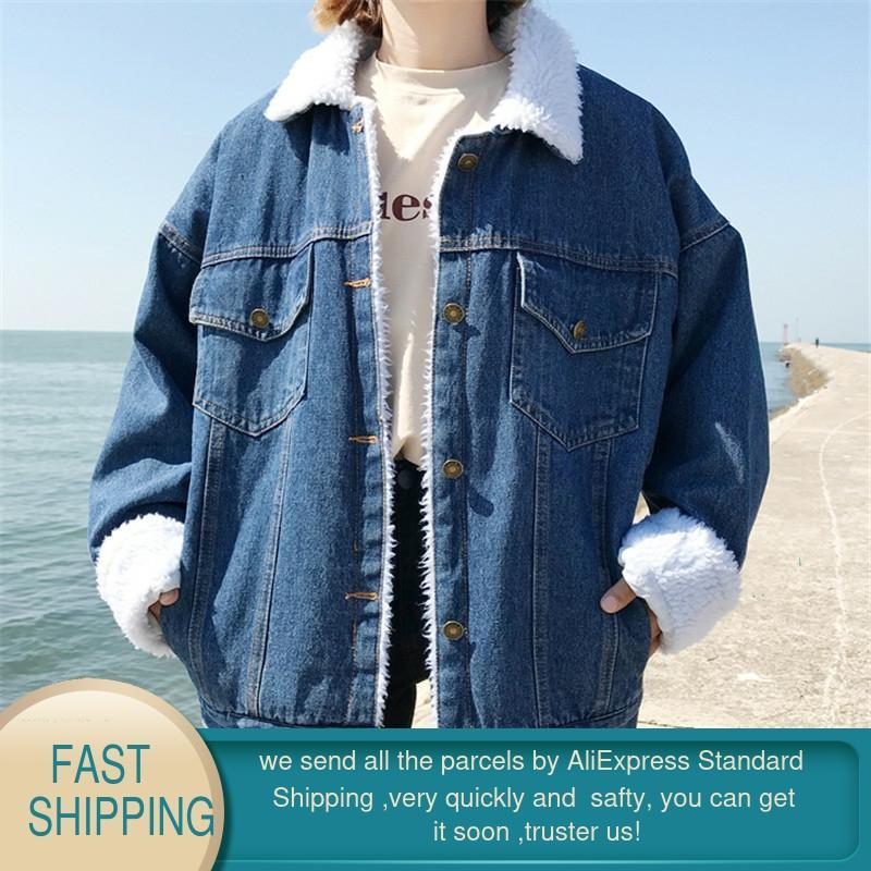 Jacket Women Denim Winter Lamb Wool Loose Long Sleeve Velvet Thin Cotton Vintage Button Coat 210428