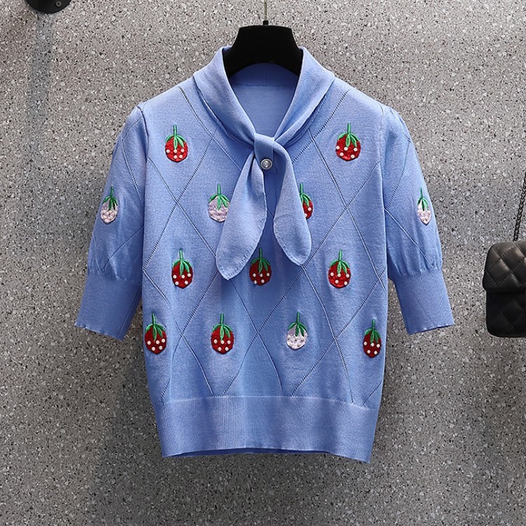 Womens Suit Elegant Knitted Strawberry Embroidery Top And High Waist Midi Skirt Two Piece Set Office Lady Plus Size Summer 210519