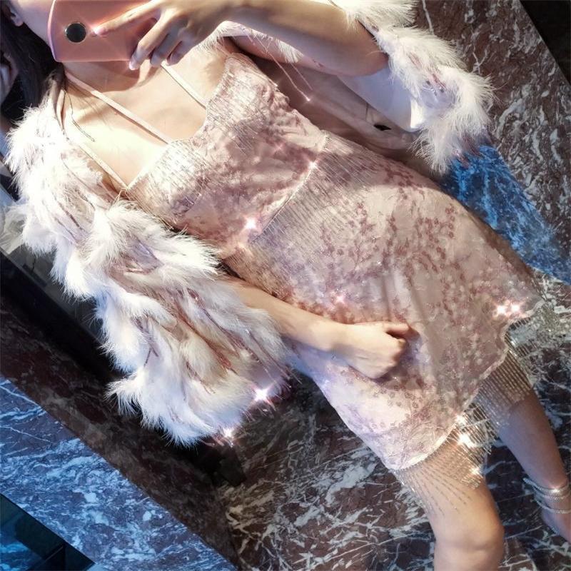 Women's Fur & Faux 2021 Fall Winter Jacket Women Fashion Sequins Tassel Imitation Ostrich Feathers Luxurious Outerwear Ladies Coat Ins