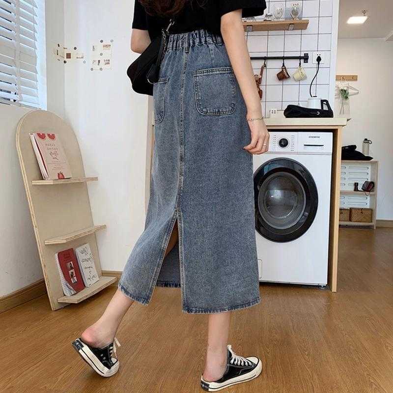 Skirts Women Denim Korean Style Button Pocket Harajuku Elastic High Waist Back Split Calf-Length Skirt Casual Streetwear 210526