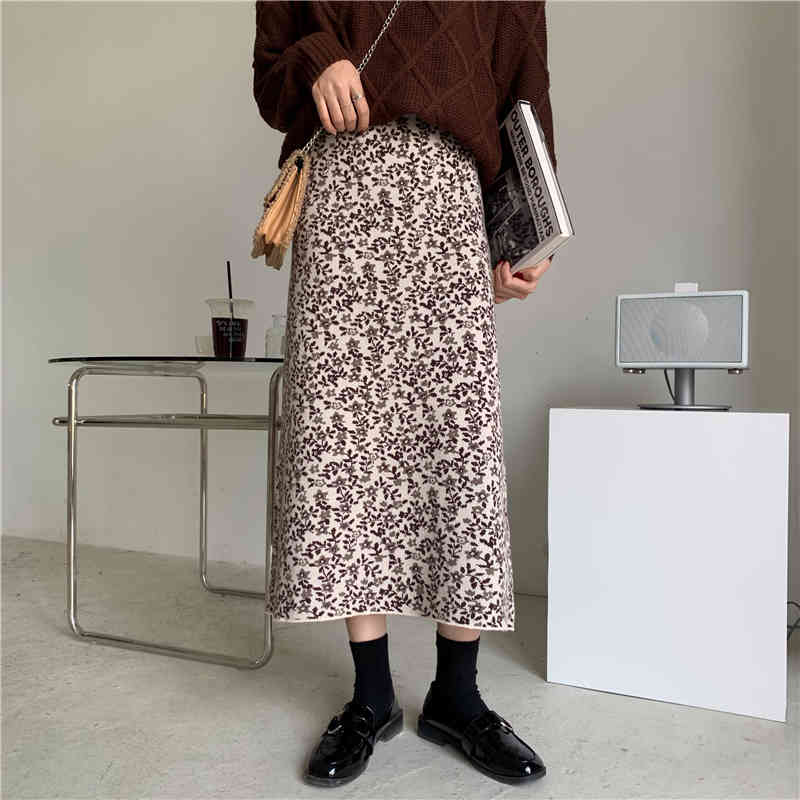 Autumn Winter High Waist Vintage Floral Print Knitted Skirt Female OL Elegant Fashion A-line Long Skirts Womens 210421